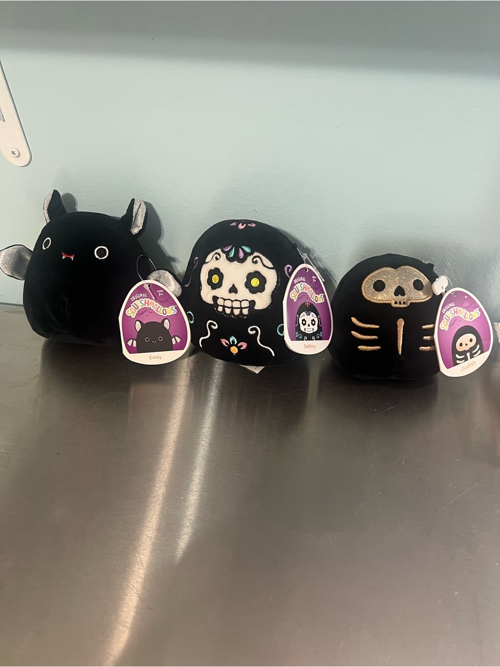 NWT 3 Halloween Mini Squishmallows Black Day of the Dead Skull Trio & Bat